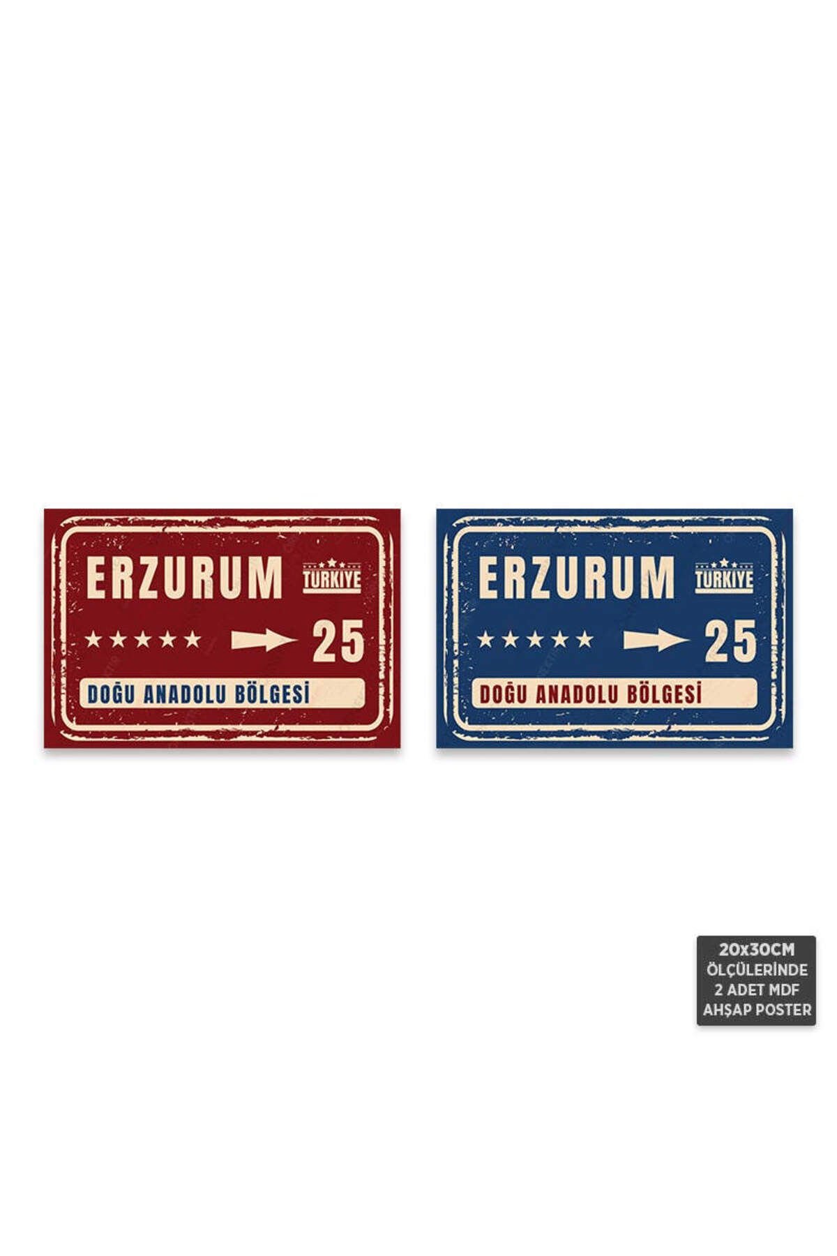 PS1063 - Erzurum Şehir Tabelası Retro Mdf Ahşap Poster Set (2 Adet - 20x30cm)