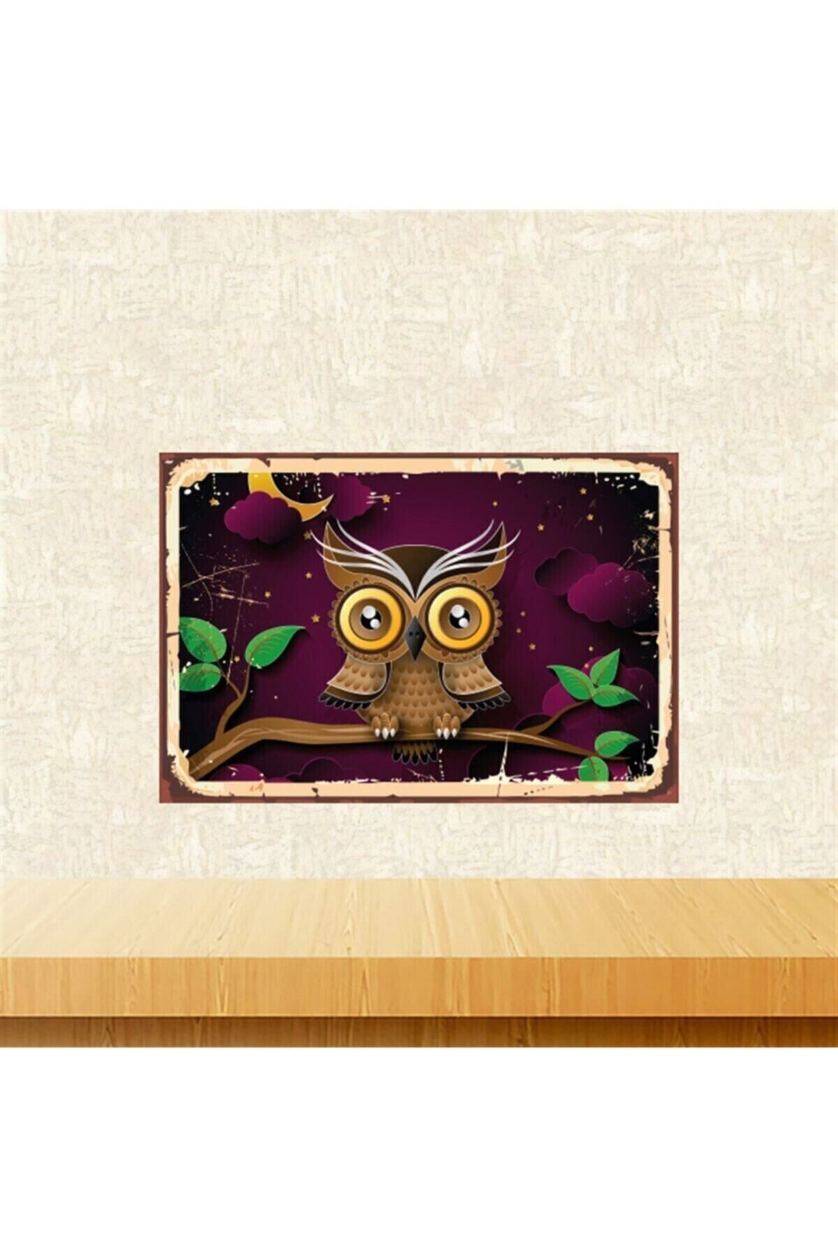 Baykuş Tasarımlı Retro Ahşap Tablo 20-30 cm Tkfx5489