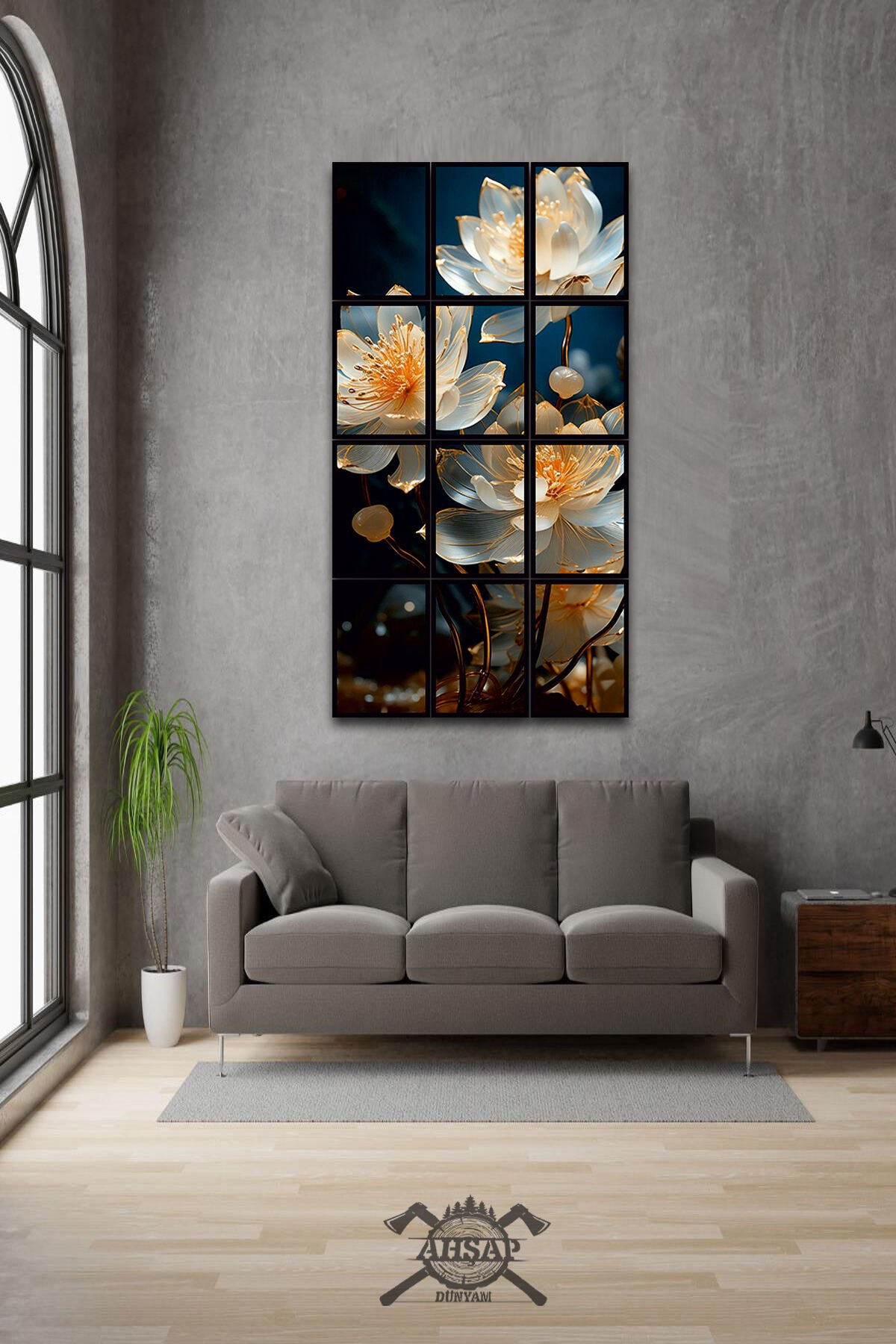 12 parça Beyaz Çiçekler Çerçeve Görünümlü Mdf tablo Duvar Süsü Hediyelik Eşya (45cm x 85cm)