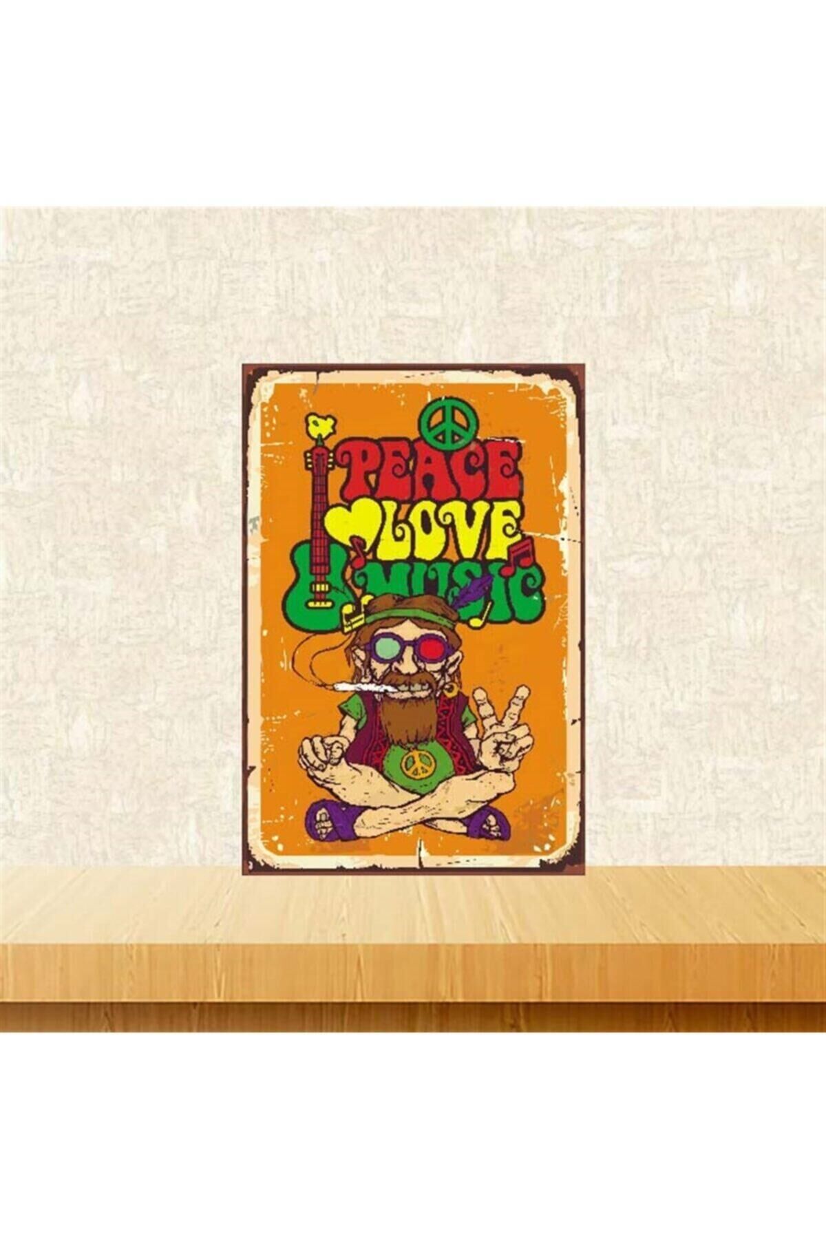 Peace Love Music Ahşap Retro Poster