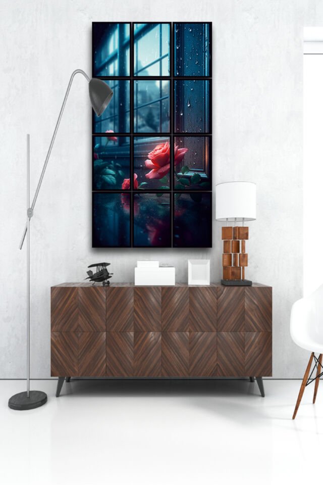 12 parça Kırmızı Gül Çerçeve Görünümlü Mdf tablo Duvar Süsü Hediyelik Eşya (45cm x 85cm)