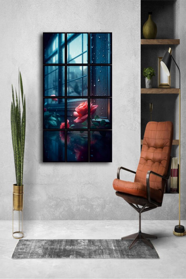 12 parça Kırmızı Gül Çerçeve Görünümlü Mdf tablo Duvar Süsü Hediyelik Eşya (45cm x 85cm)