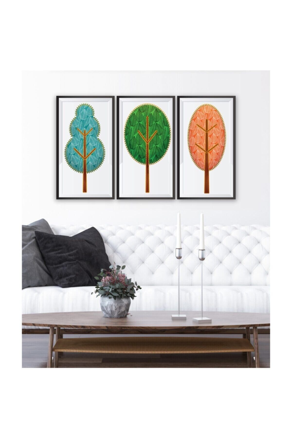 Hediyelik,dekoratif- Renkli Ağaçlar 3 Parça Mdf Tablo