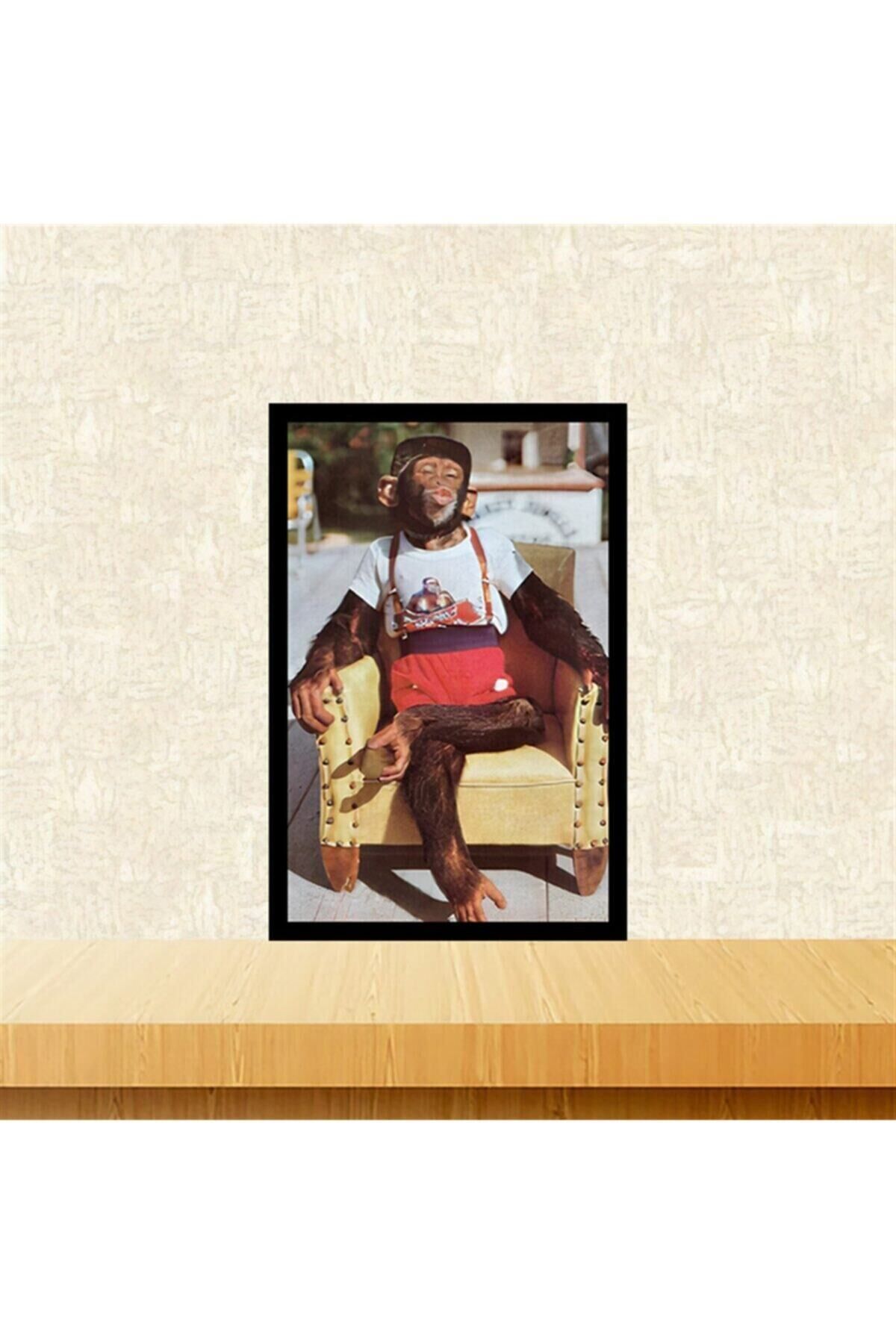 Öpücük Atan Maymun Tasarımlı 20-30 cm Retro Ahşap Tablo Tkfx5926