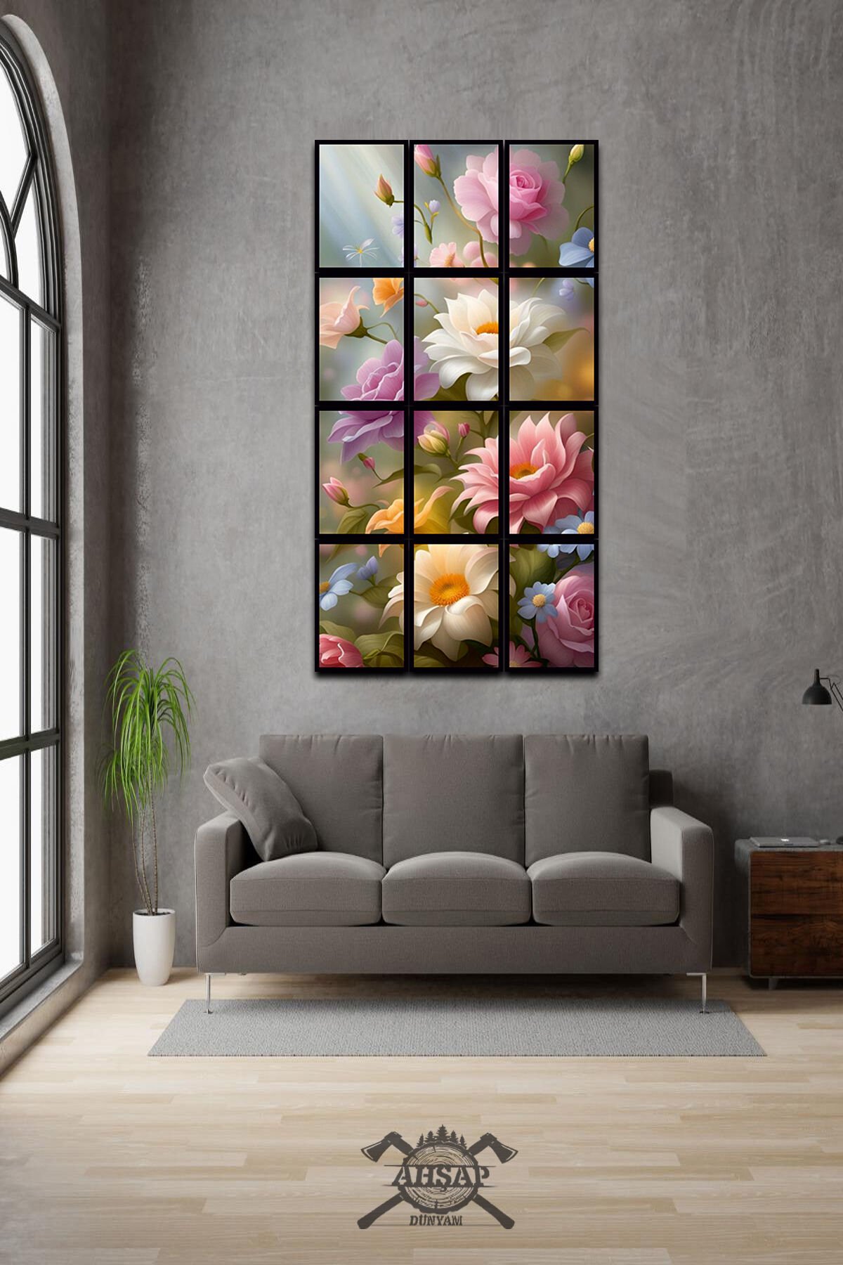 12 parça Güzel Çiçekler Çerçeve Görünümlü Mdf tablo Duvar Süsü Hediyelik Eşya (45cm x 85cm)