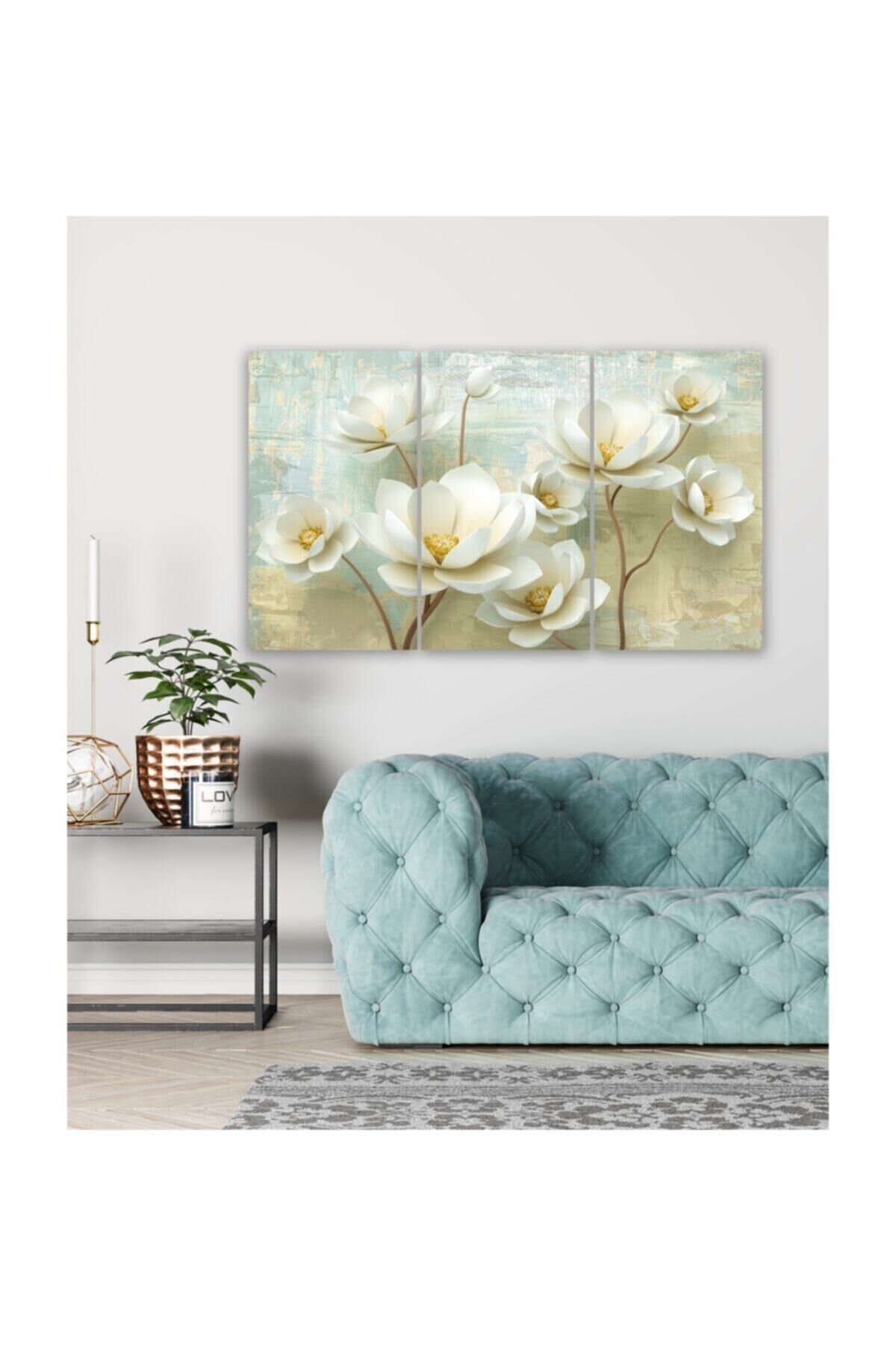 Hediyelik,dekoratif- Beyaz Çiçekler 3 Parça Mdf Tablo