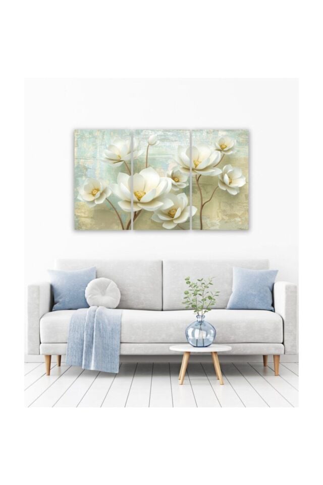 Hediyelik,dekoratif- Beyaz Çiçekler 3 Parça Mdf Tablo