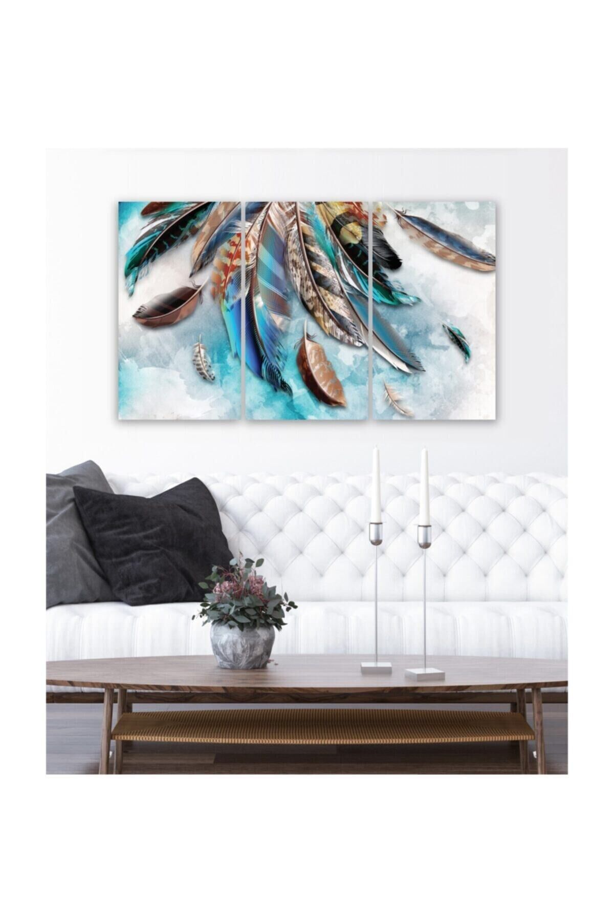 Hediyelik,dekoratif- Renkli Tüyler 3 Parça Mdf Tablo