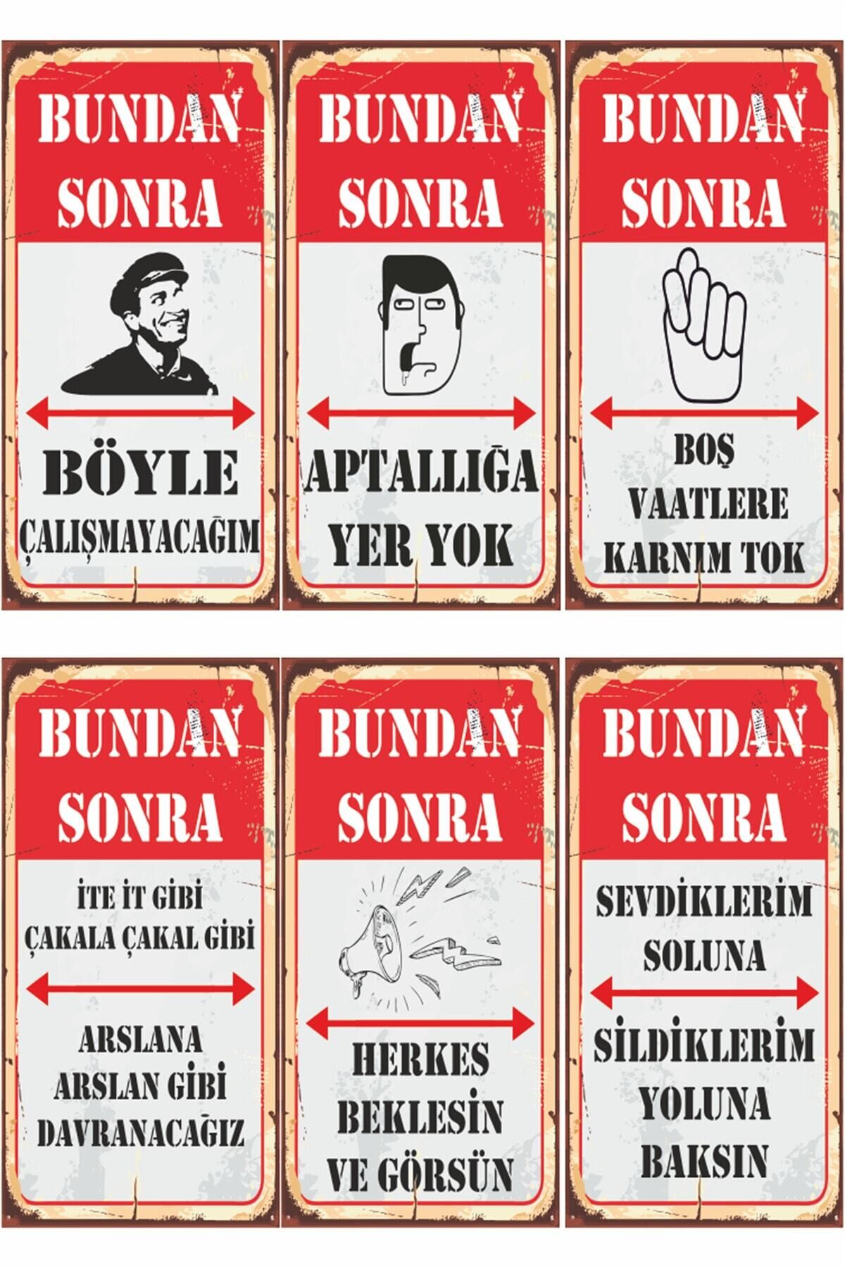 Bundan Sonra Böyle Komik Atarlı Duvar Yazıları 6lı Mini Retro Ahşap Poster Seti