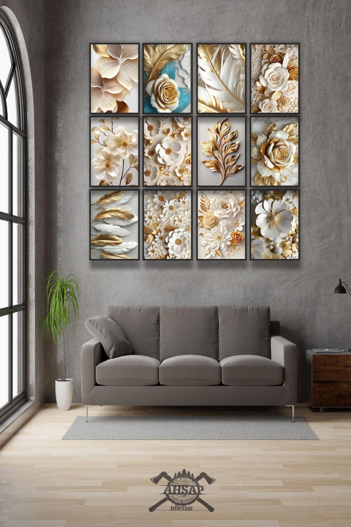 12 parça Altın Çiçekler Çerçeve Görünümlü Mdf tablo Duvar Süsü Hediyelik Eşya Yeni