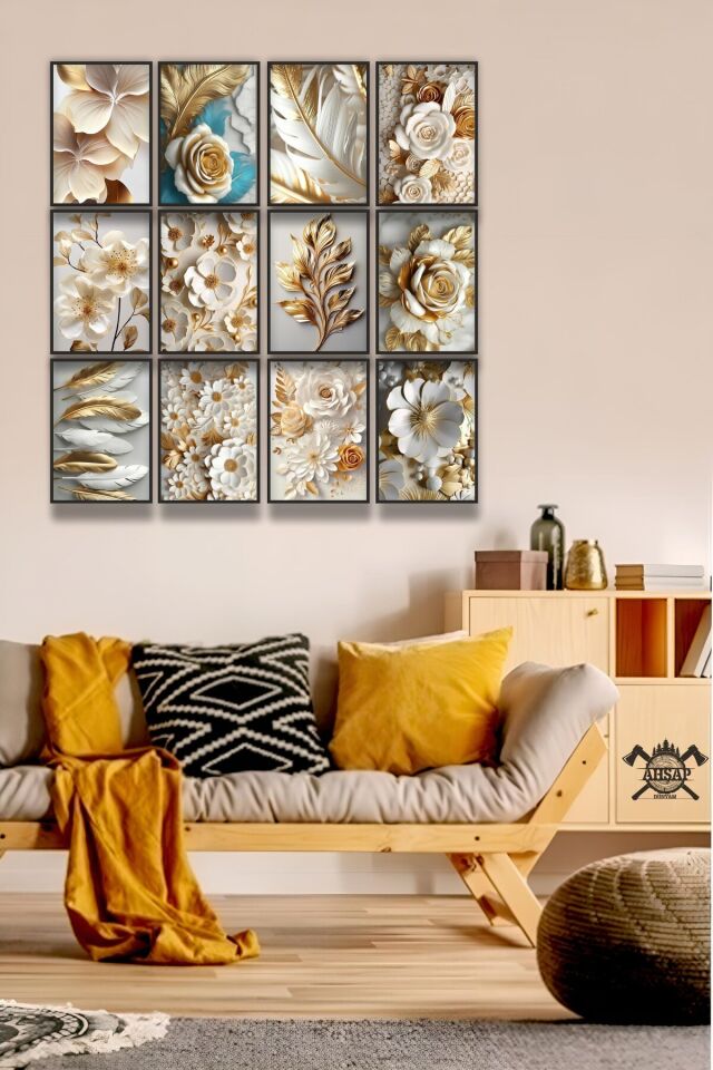 12 parça Altın Çiçekler Çerçeve Görünümlü Mdf tablo Duvar Süsü Hediyelik Eşya Yeni