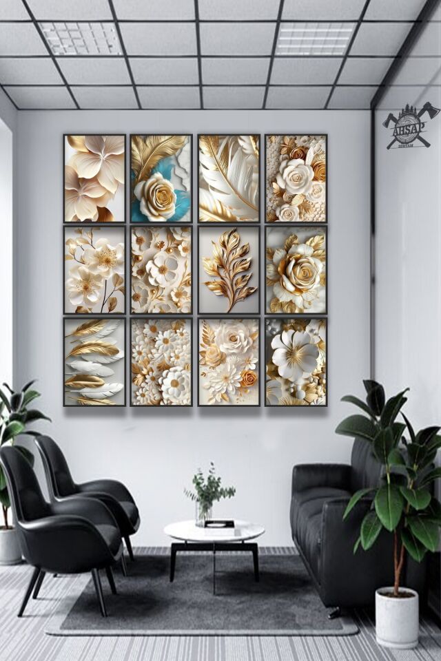 12 parça Altın Çiçekler Çerçeve Görünümlü Mdf tablo Duvar Süsü Hediyelik Eşya Yeni
