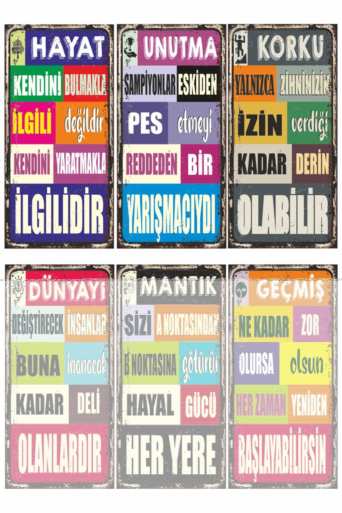 Renkli Eğlenceli Motivason Duvar Yazıları 6lı Mini Retro Ahşap Poster Seti