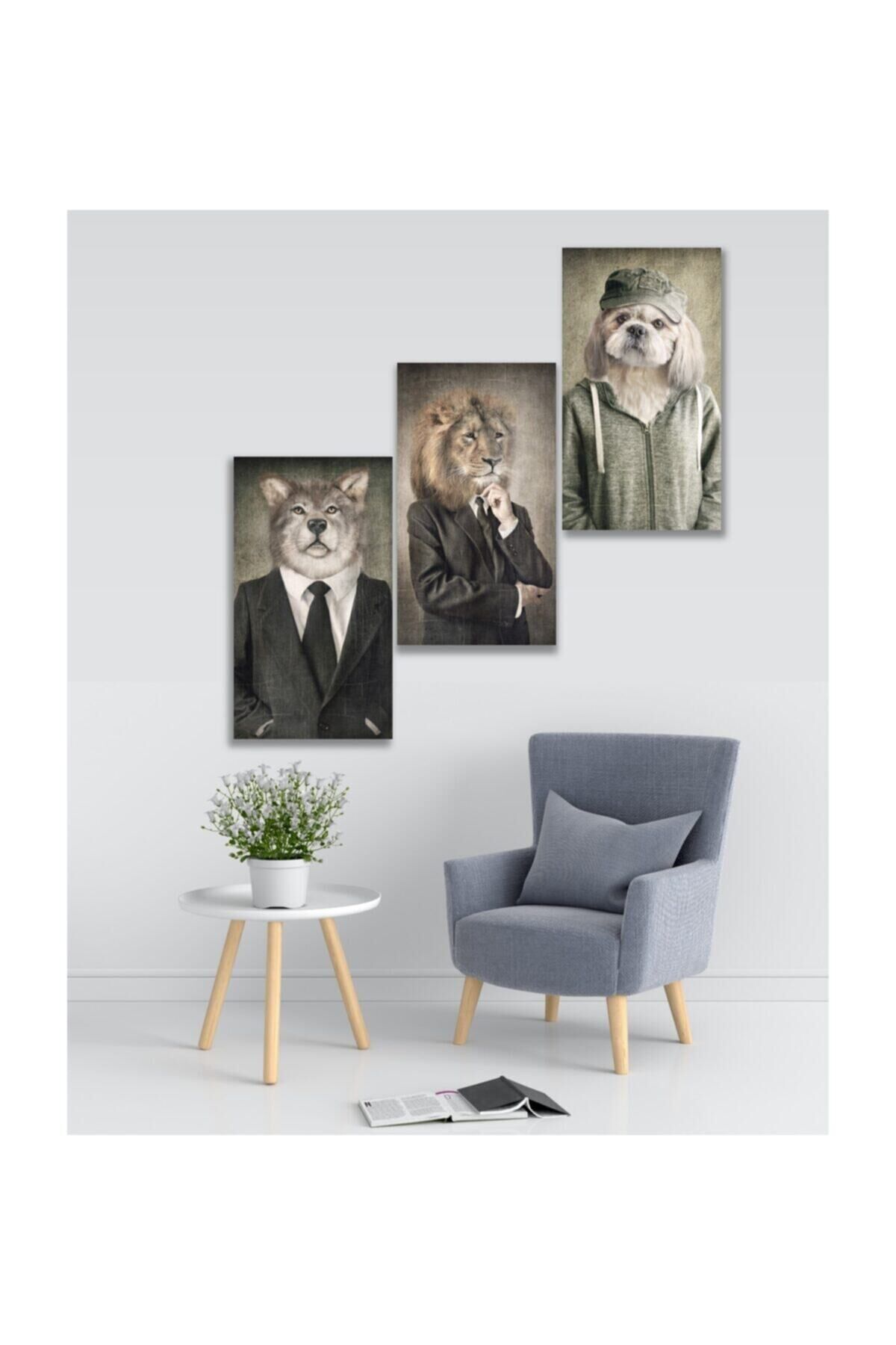 Hediyelik,dekoratif- Elbise Giyen Hayvanlar 3 Parça Mdf Tablo