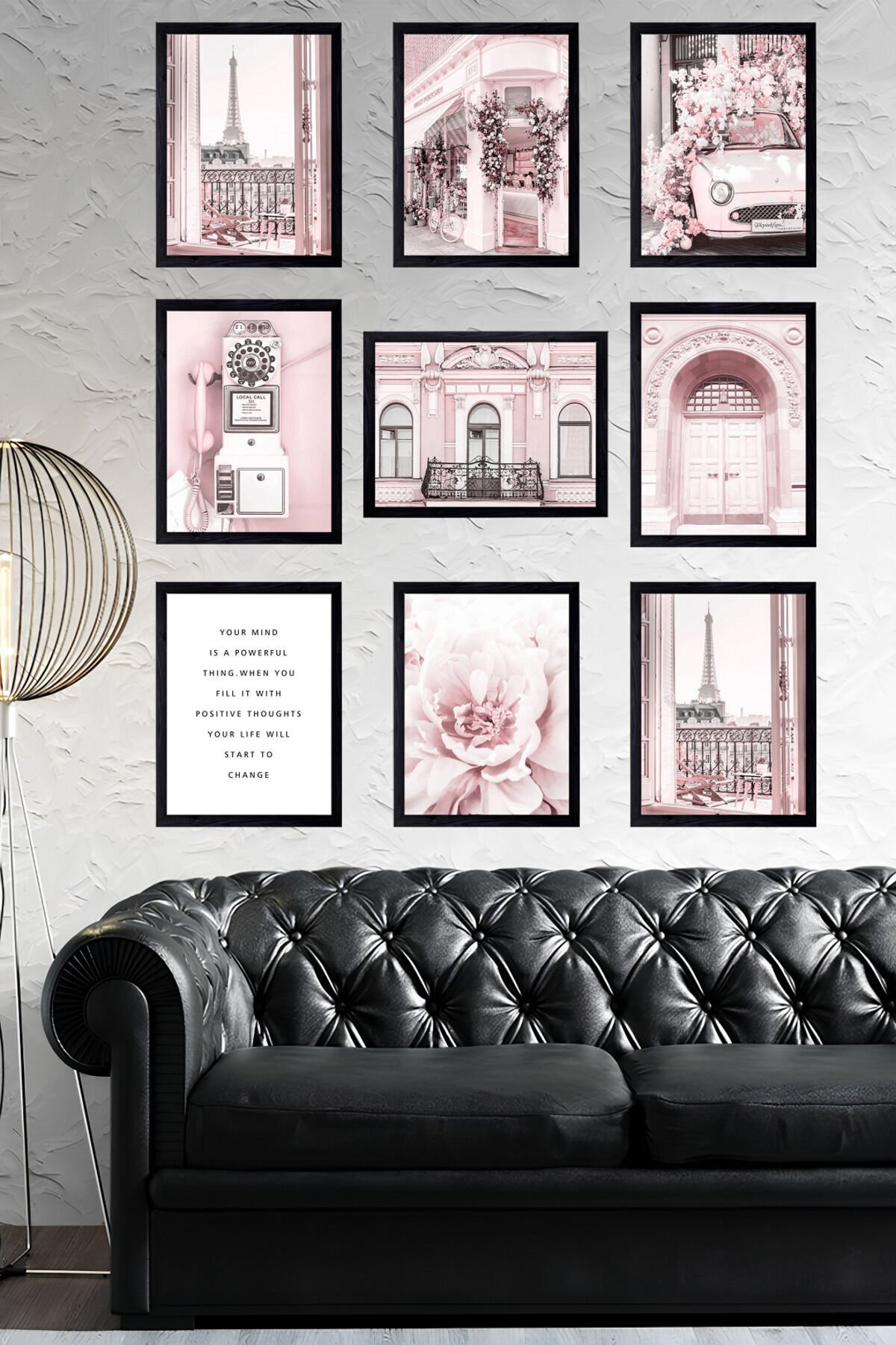 Zarif ve Şık Pembe 9' Parça Çerçeve Görünümlü Modern MDF Tablo Seti- Ev Dekorasyonu