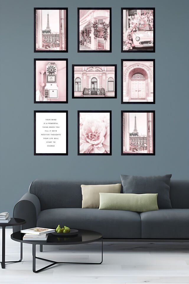 Zarif ve Şık Pembe 9' Parça Çerçeve Görünümlü Modern MDF Tablo Seti- Ev Dekorasyonu