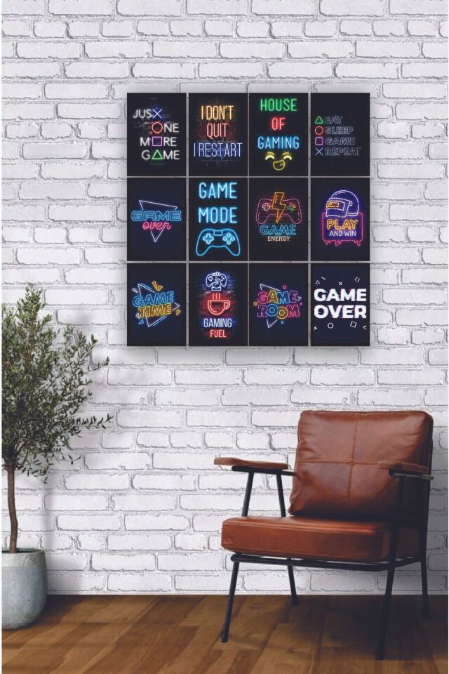 12 parça Neon Game Oyuncular İçin Çerçeve Görünümlü Mdf tablo Duvar Süsü Hediyelik Eşya Gamer Gaming