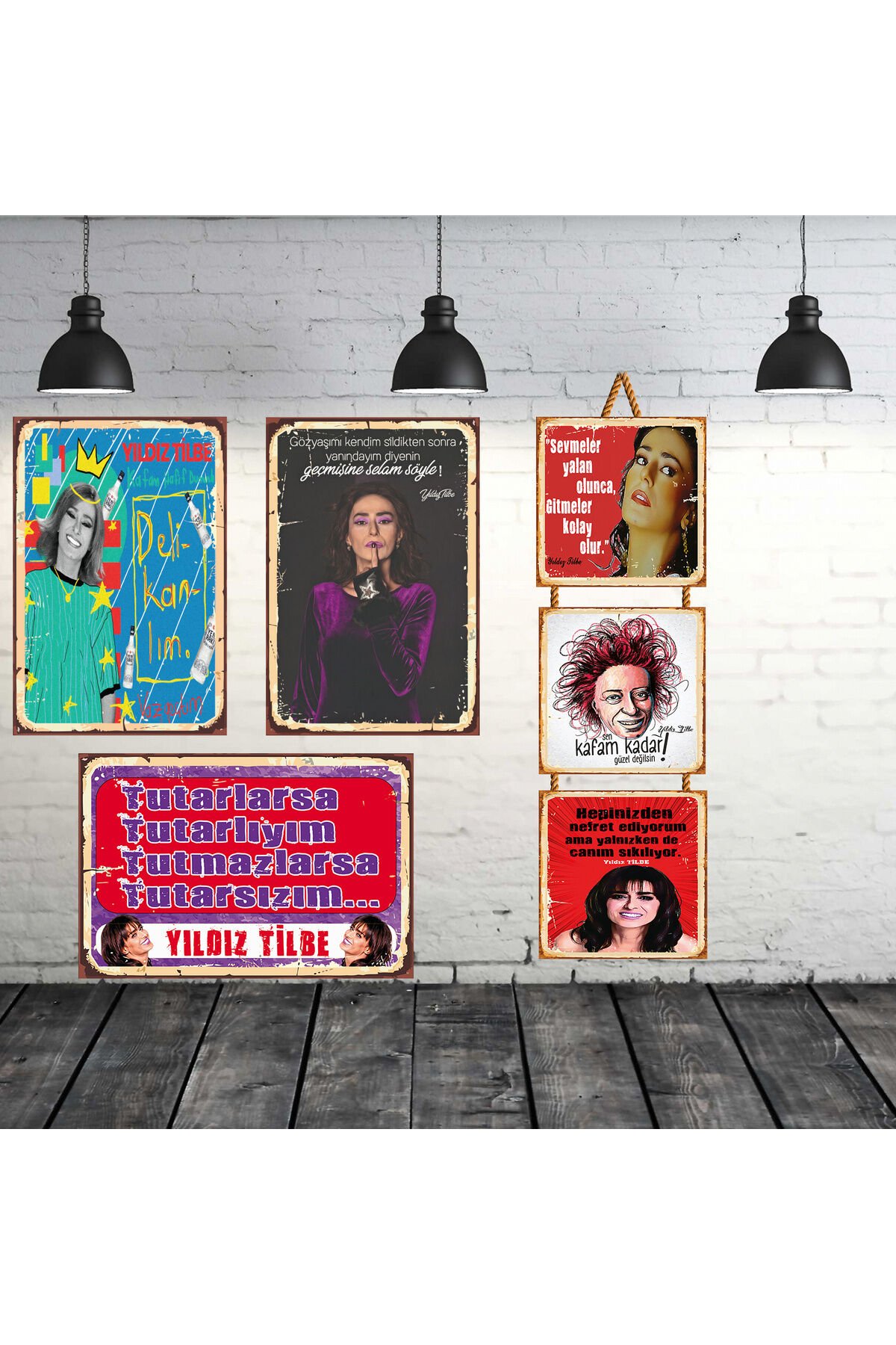 Yıldız Tilbe Sözleri Seti 3 Adet 20x30 Cm 3 Adet 15x15 Cm Retro Ahşap Tablo