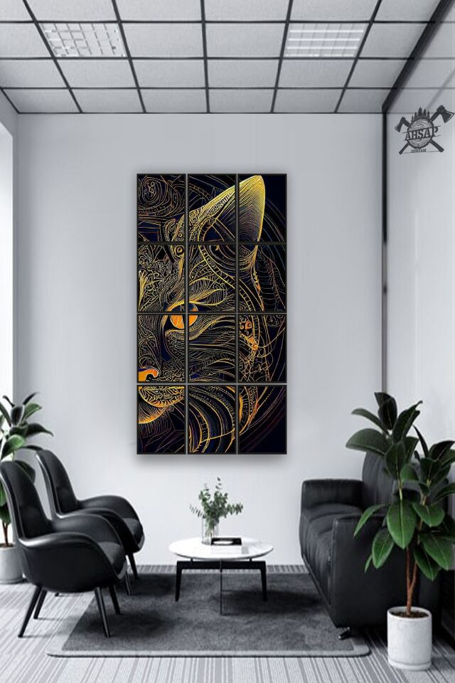 12 parça Çizgisel Kedi Çerçeve Görünümlü Mdf tablo Duvar Süsü Hediyelik Eşya (45cm x 85cm)