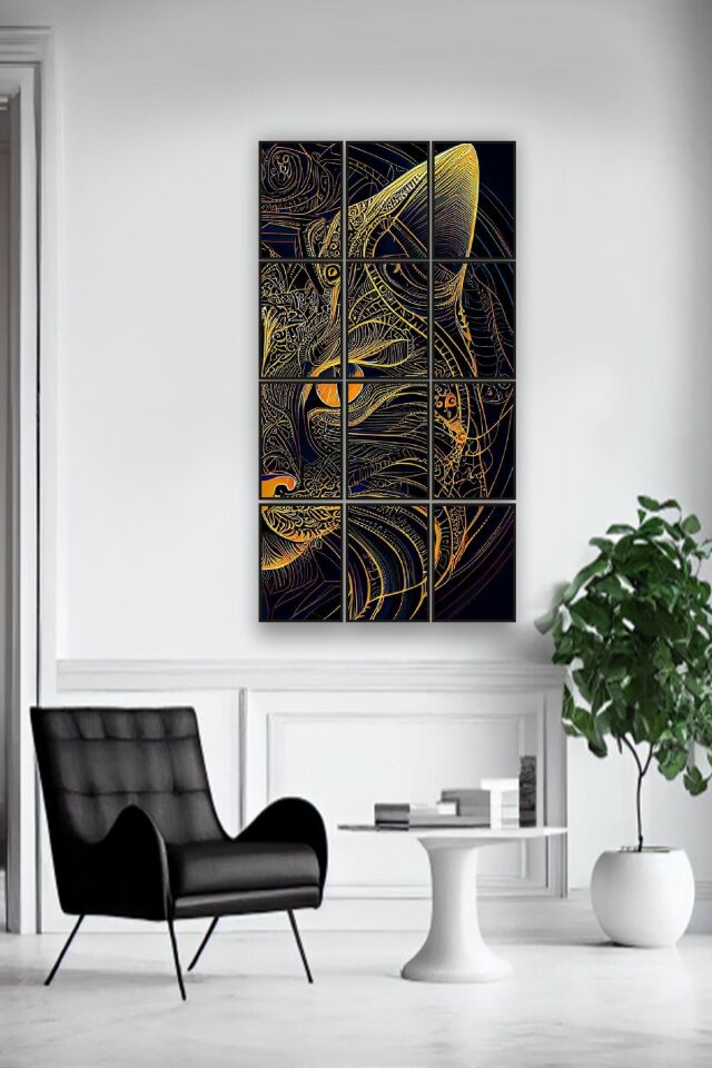 12 parça Çizgisel Kedi Çerçeve Görünümlü Mdf tablo Duvar Süsü Hediyelik Eşya (45cm x 85cm)