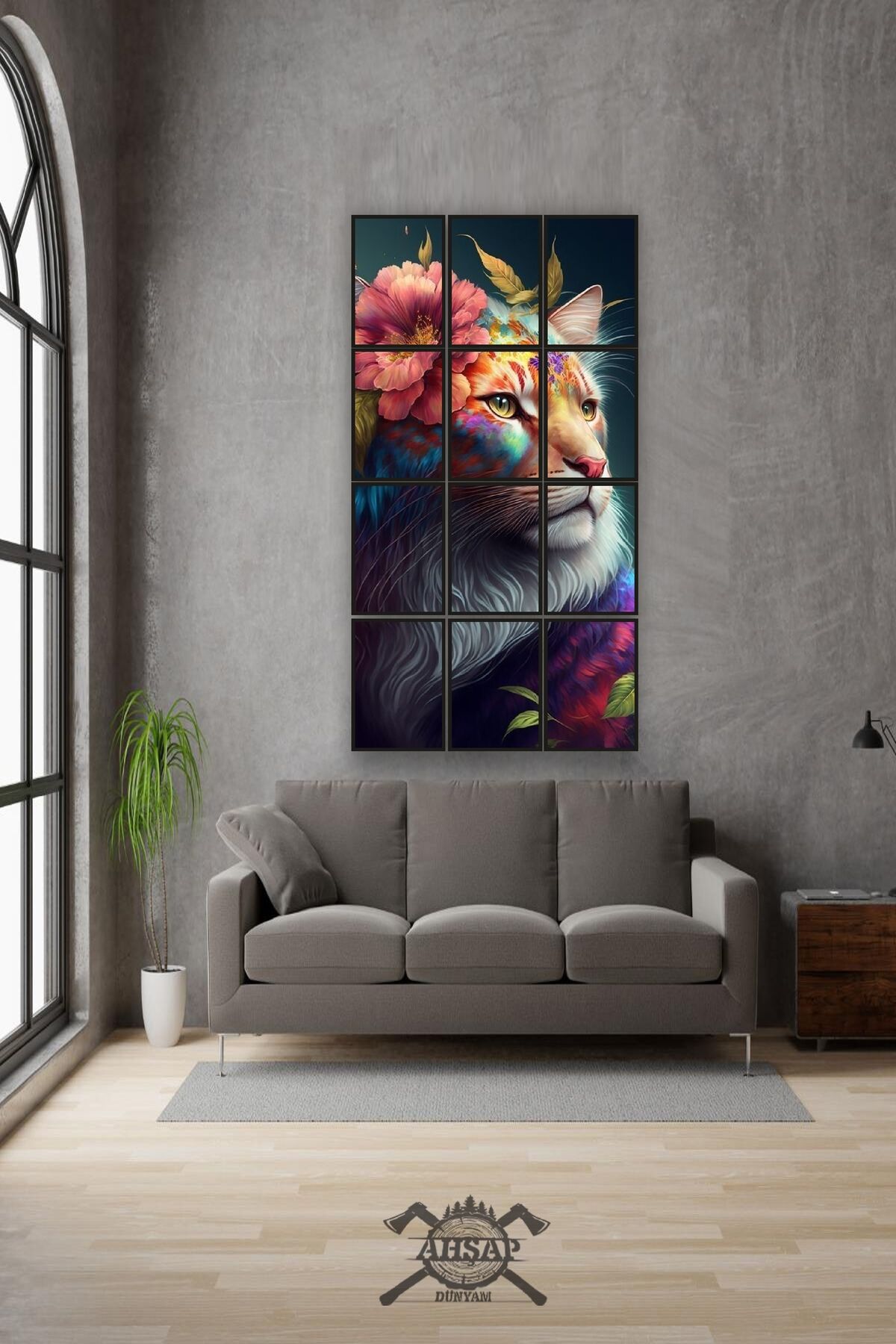 12 parça Aslan Kedi Çerçeve Görünümlü Mdf tablo Duvar Süsü Hediyelik Eşya (45cm x 85cm)