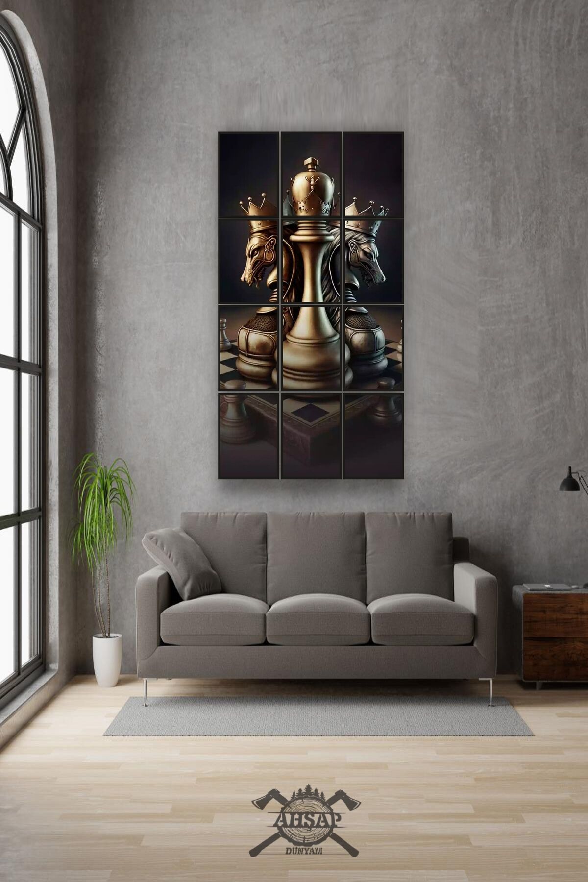 12 parça Satranç Çerçeve Görünümlü Mdf tablo Duvar Süsü Hediyelik Eşya (45cm x 85cm)