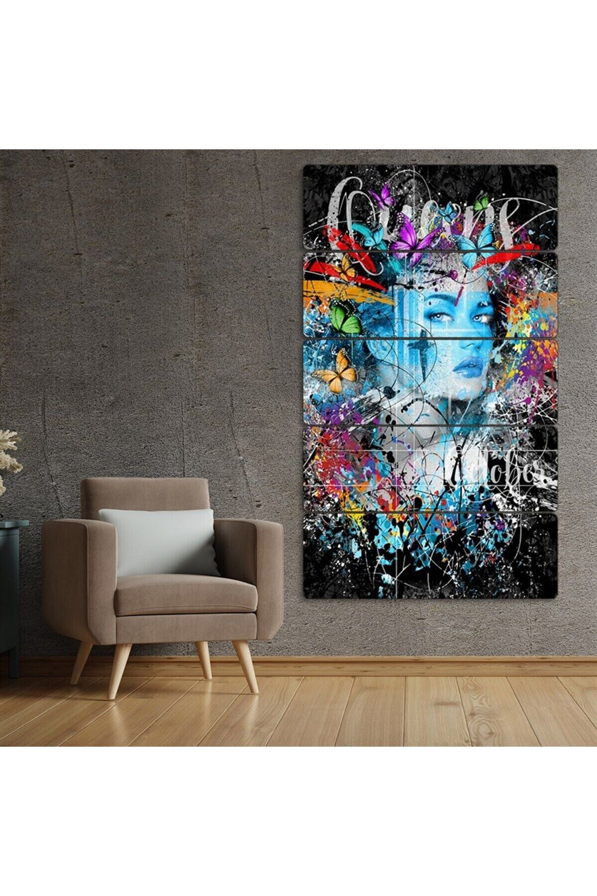 Kelebek Kadın, Graffiti, Boya - 5 Parçalı Tablo