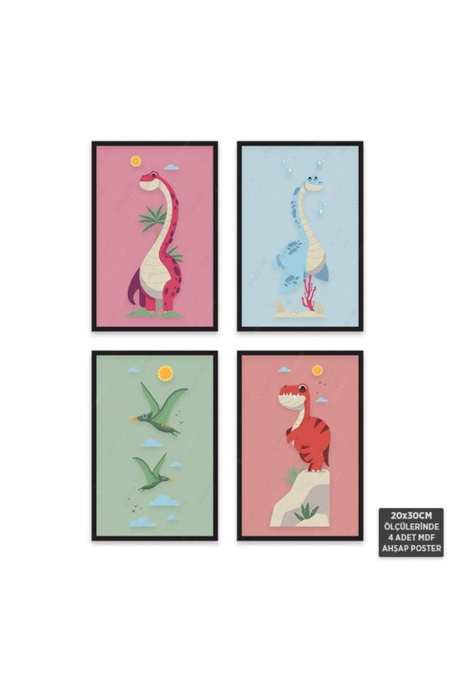 PS1035 - Sevimli Hayvanlar Modern Mdf Ahşap Poster Set (4 Adet - 20x30cm)