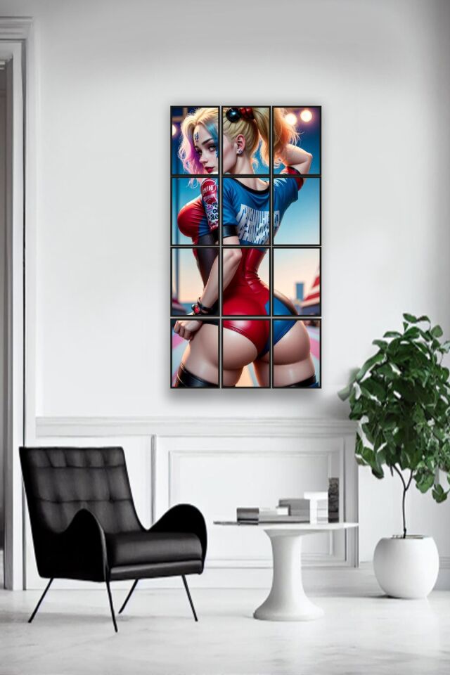 12 parça Renkli Harley Quinn Çerçeve Görünümlü Mdf tablo Duvar Süsü Hediyelik Eşya (45cm x 85cm)