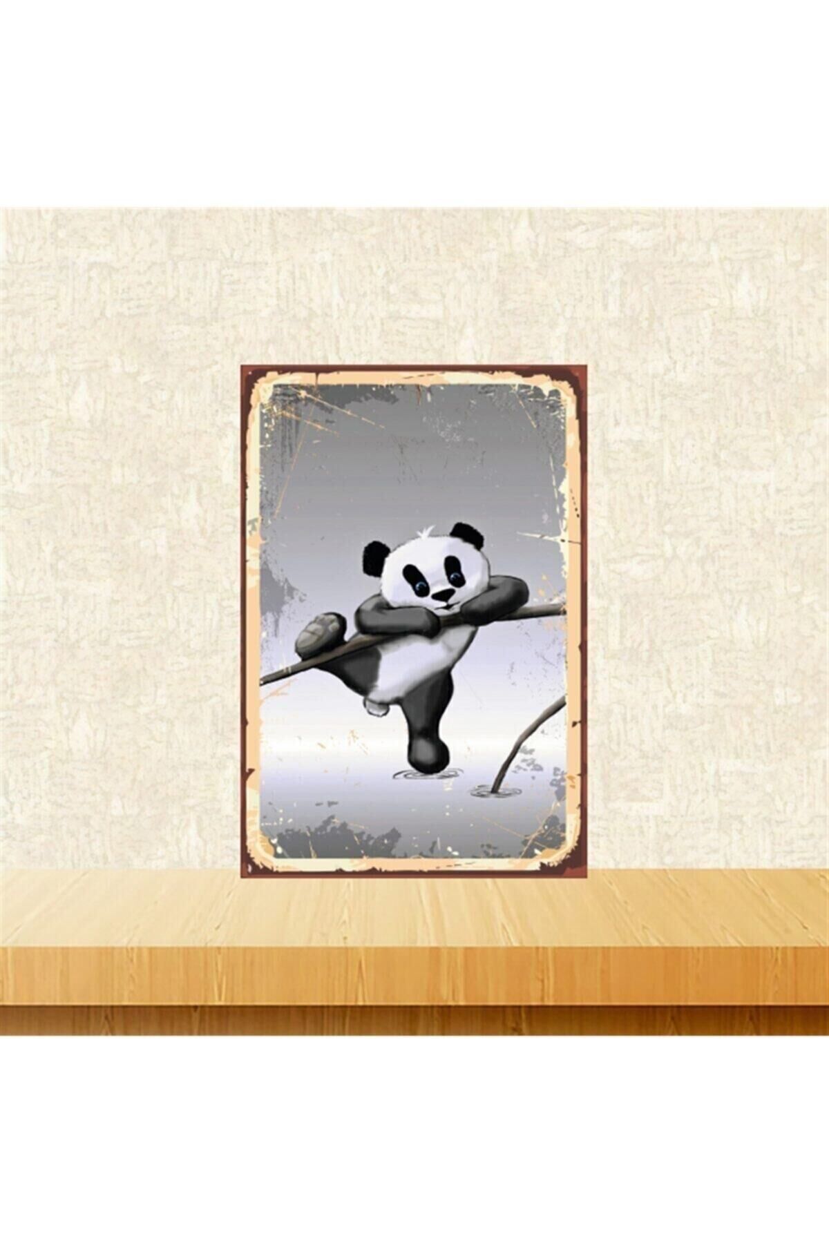 Tırmanan Panda 20-30 Cm Retro Ahşap Tablo Tkfx4774