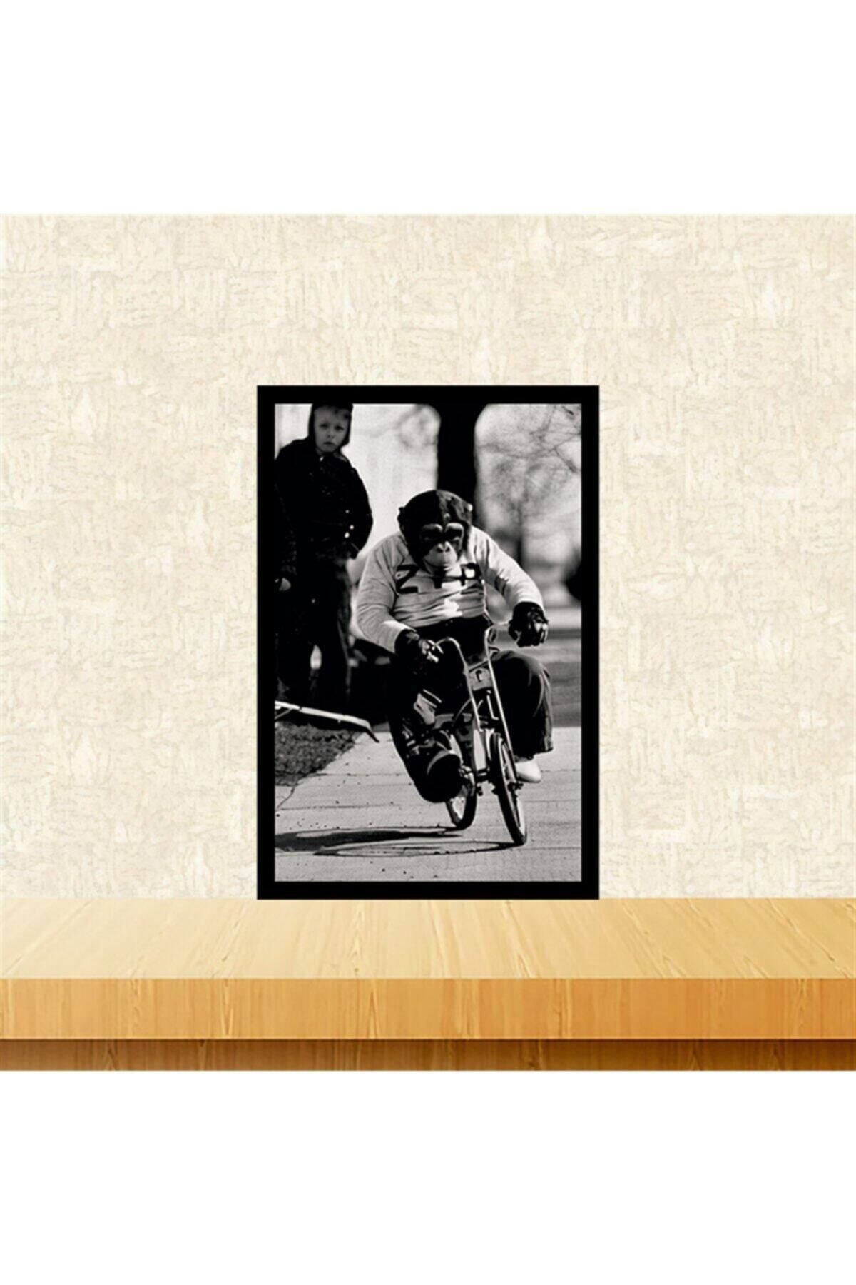 Bisikletli Maymun Tasarımlı Retro Ahşap Tablo Tkfx5929