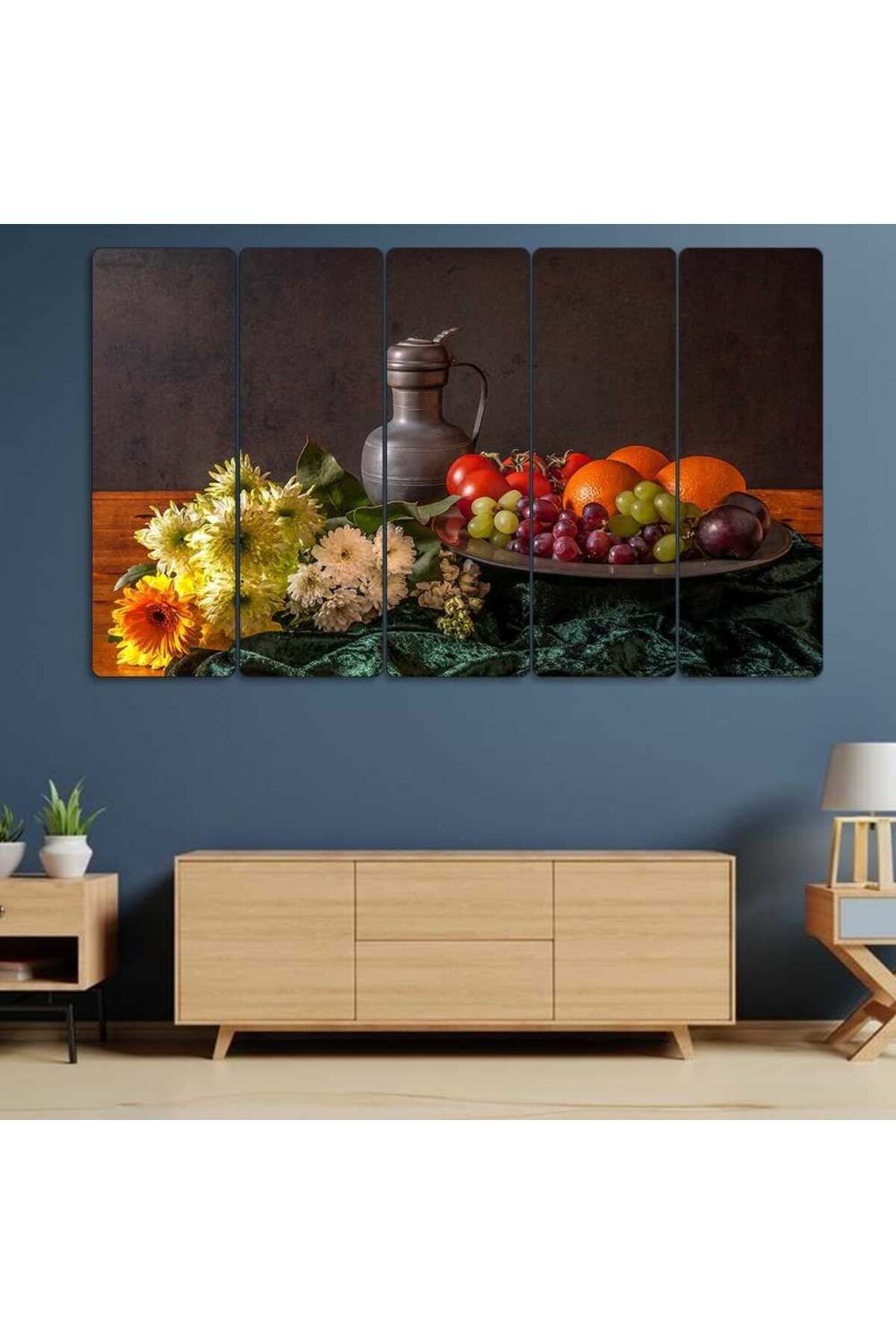 Meyve Tabağı, Çiçekler, Metal Sürahi - 5 Parçalı Tablo