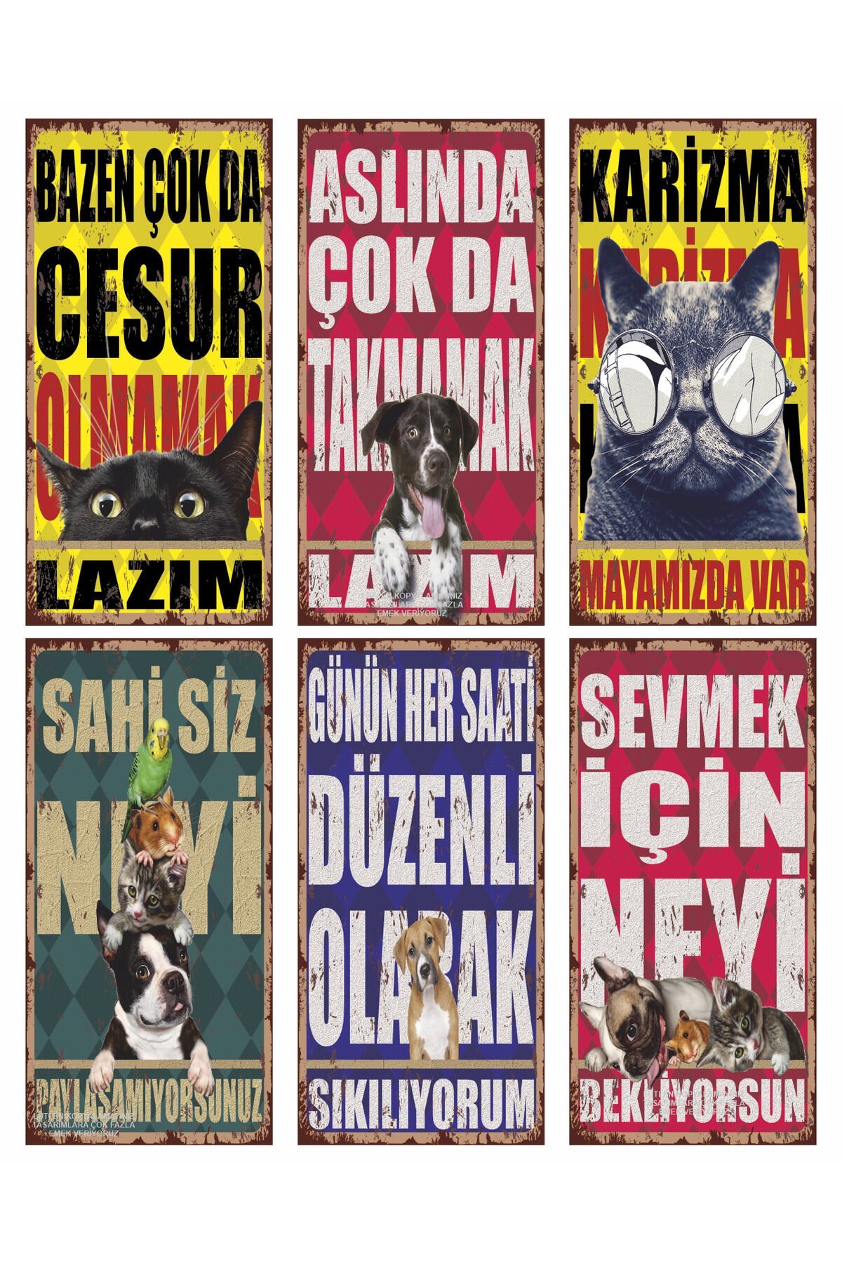 CESARET VERİCİ SEVGİ AŞK MOTİVASYON SÖZLERİ KOMİK SÖZLER HAYVANLAR 6LI MİNİ RETRO AHŞAP POSTER SET