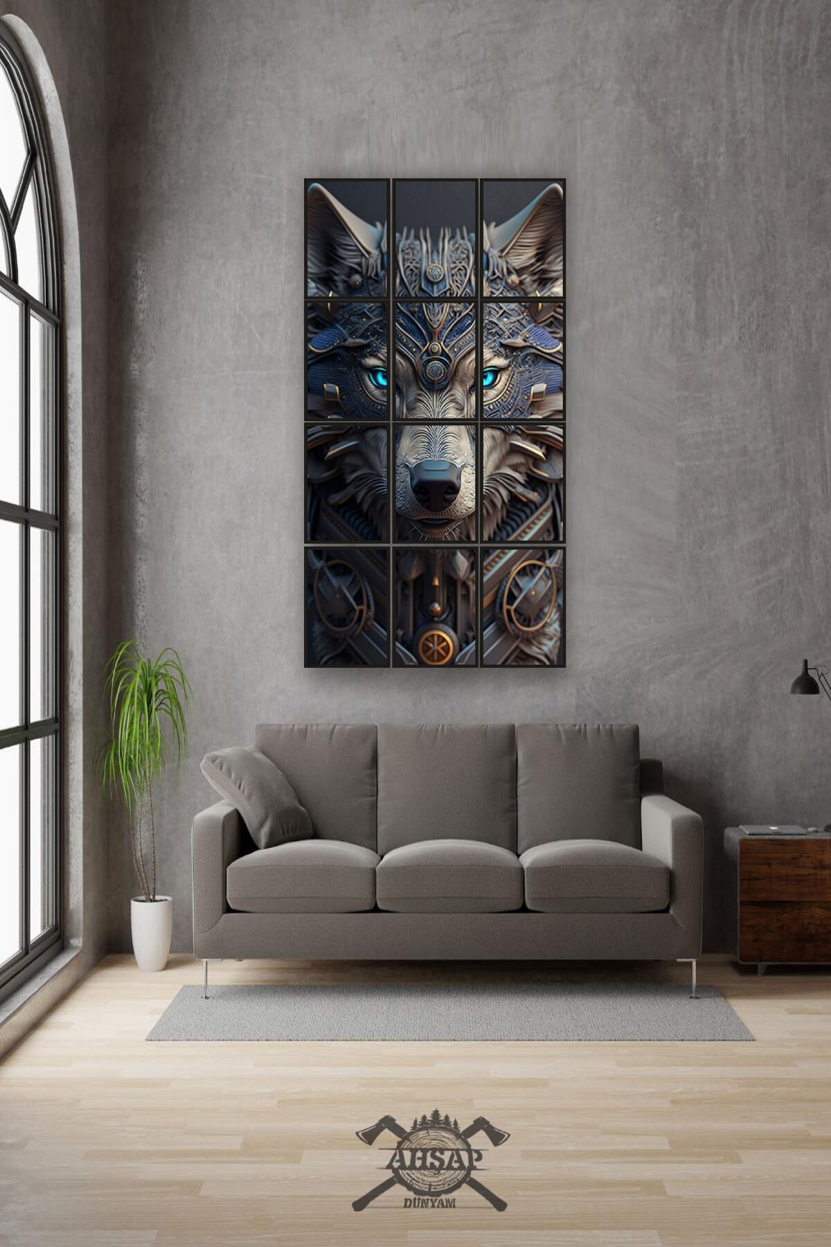 12 parça Gri Kurt Çerçeve Görünümlü Mdf tablo Duvar Süsü Hediyelik Eşya (45cm x 85cm)