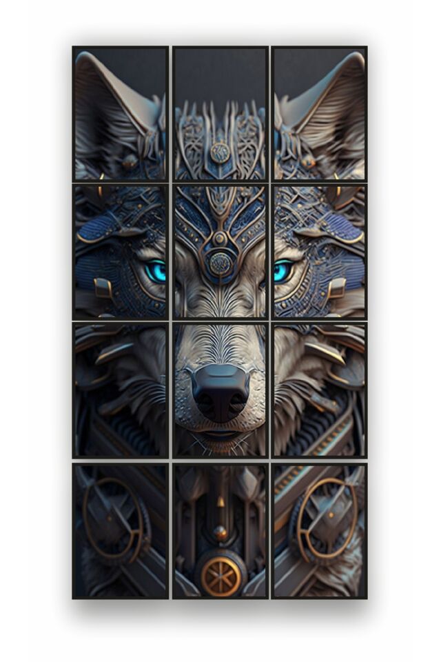 12 parça Gri Kurt Çerçeve Görünümlü Mdf tablo Duvar Süsü Hediyelik Eşya (45cm x 85cm)