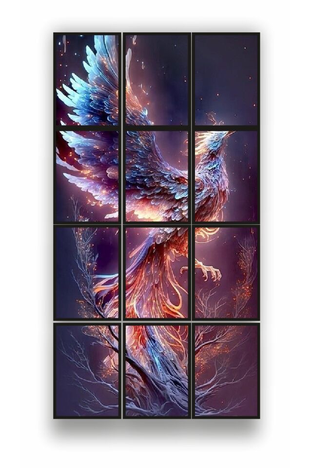 12 parça Renkli Anka Kuşu Çerçeve Görünümlü Mdf tablo Duvar Süsü Hediyelik Eşya (45cm x 85cm)