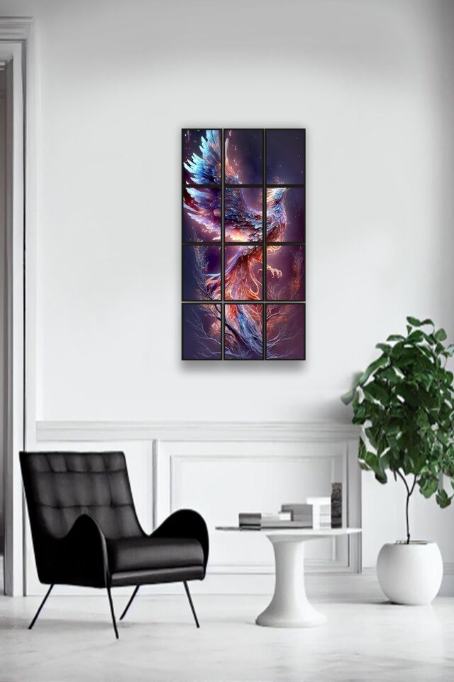 12 parça Renkli Anka Kuşu Çerçeve Görünümlü Mdf tablo Duvar Süsü Hediyelik Eşya (45cm x 85cm)