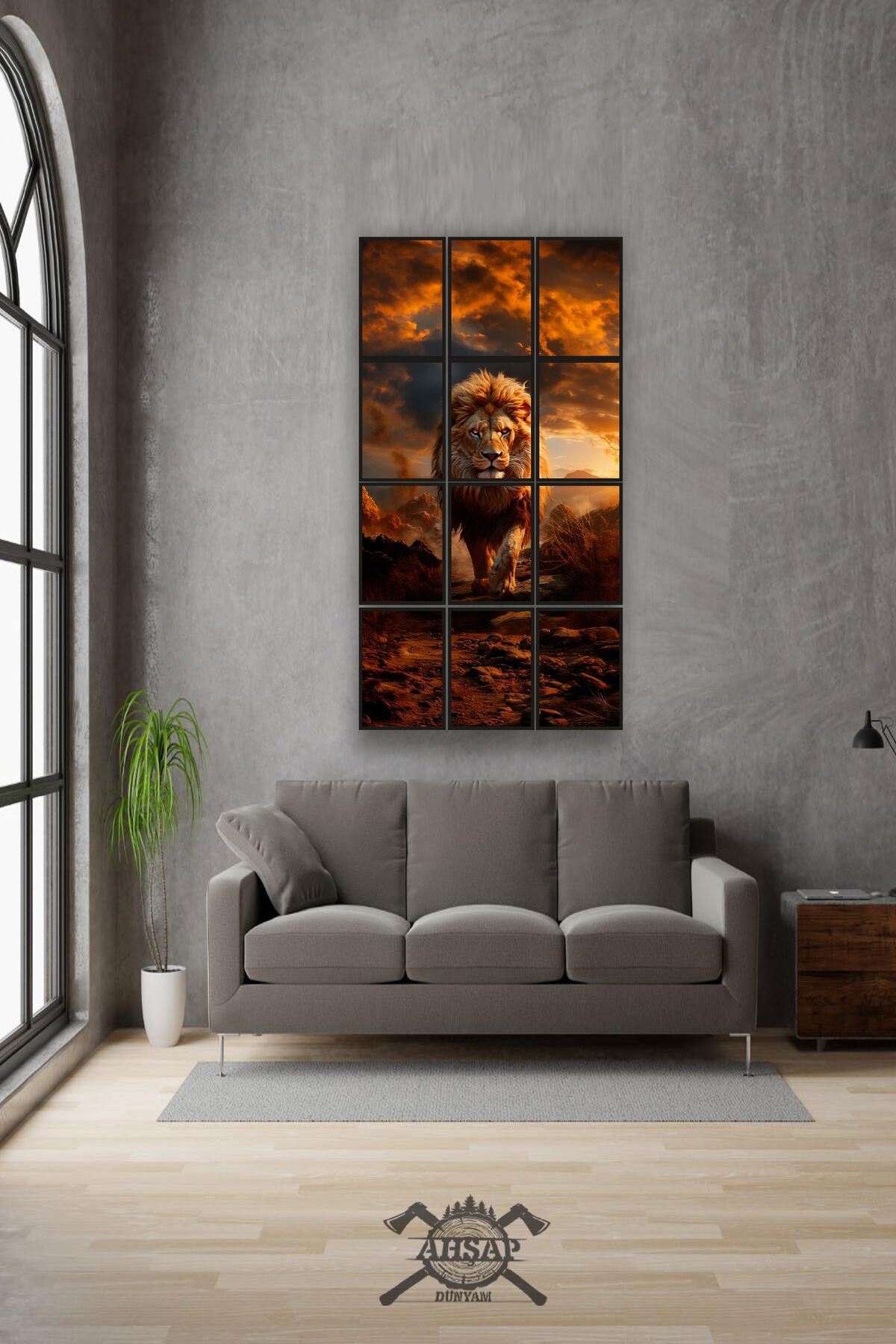 12 parça Sarı Aslan Çerçeve Görünümlü Mdf tablo Duvar Süsü Hediyelik Eşya (45cm x 85cm)