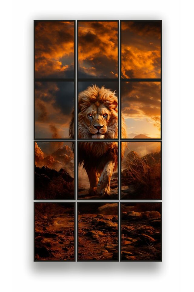 12 parça Sarı Aslan Çerçeve Görünümlü Mdf tablo Duvar Süsü Hediyelik Eşya (45cm x 85cm)