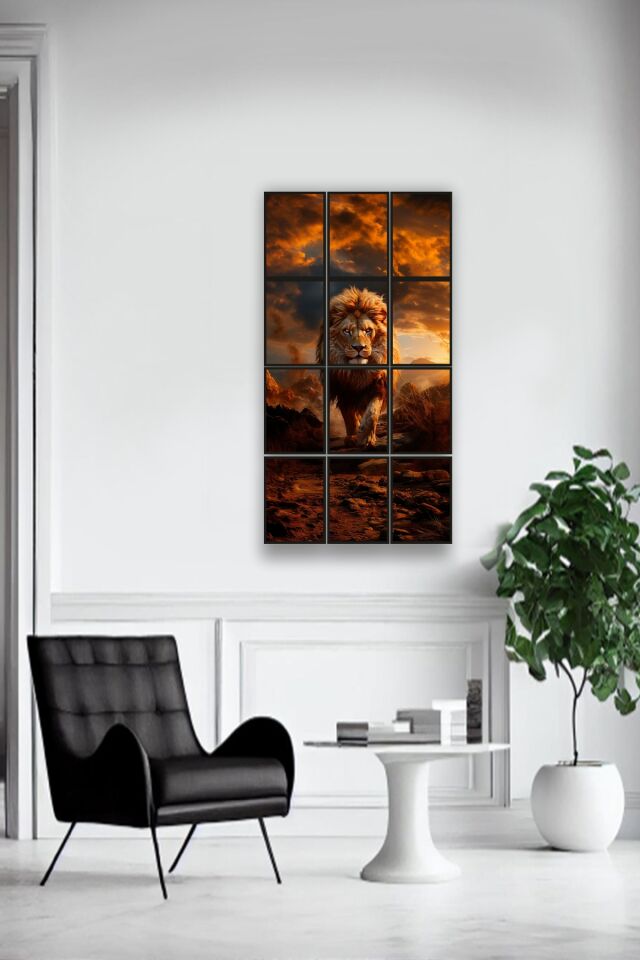 12 parça Sarı Aslan Çerçeve Görünümlü Mdf tablo Duvar Süsü Hediyelik Eşya (45cm x 85cm)