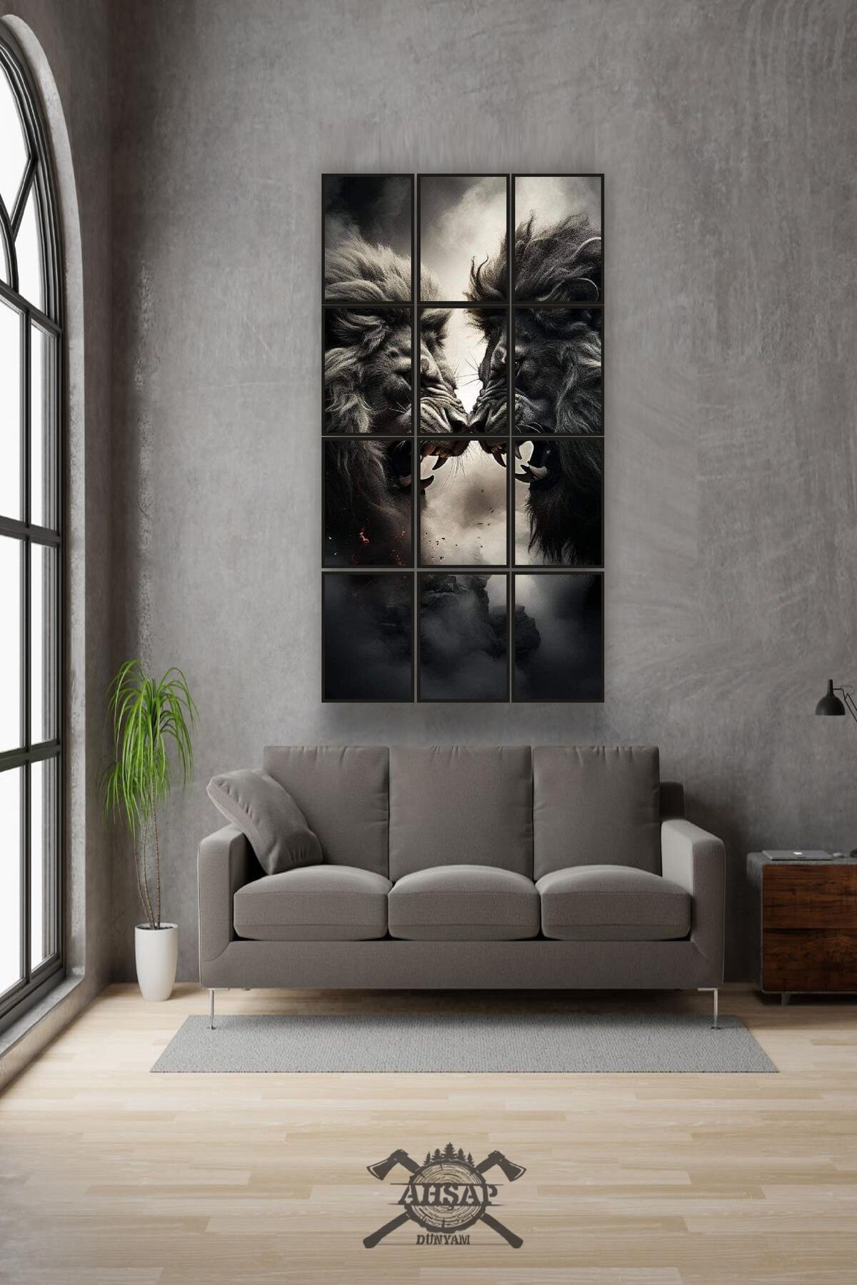 12 parça Çift Aslan Çerçeve Görünümlü Mdf tablo Duvar Süsü Hediyelik Eşya (45cm x 85cm)