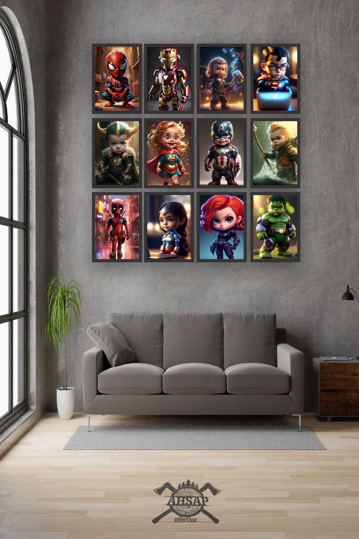 12 parça marvel Çocuk Karakter Çerçeve Görünümlü Mdf tablo Duvar Süsü Hediyelik Eşya