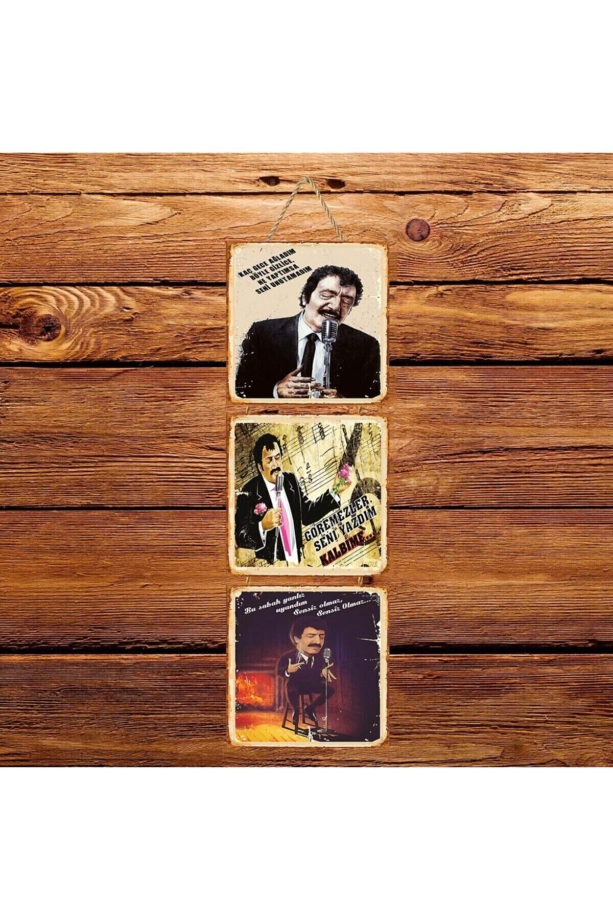 Müslüm Gürses Seni Unutamadım Üçlü Retro Ahşap Poster