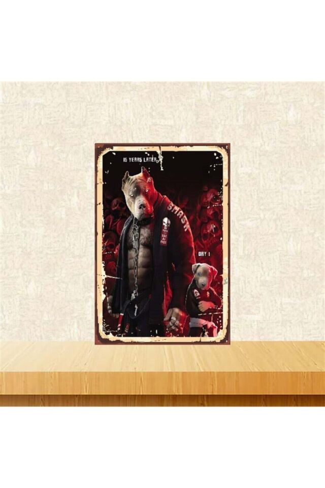 Ahşap Retro Pitbull Tasarımlı Poster 20-30 cm