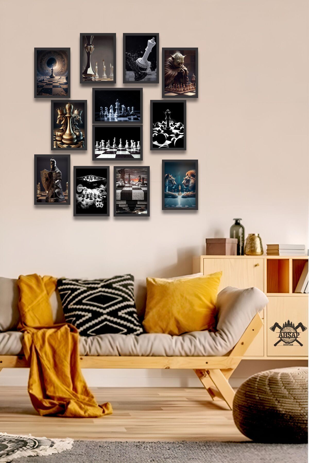 12 parça Satranç Çerçeve Görünümlü Mdf tablo Duvar Süsü Hediyelik Eşya Akıl Oyunları