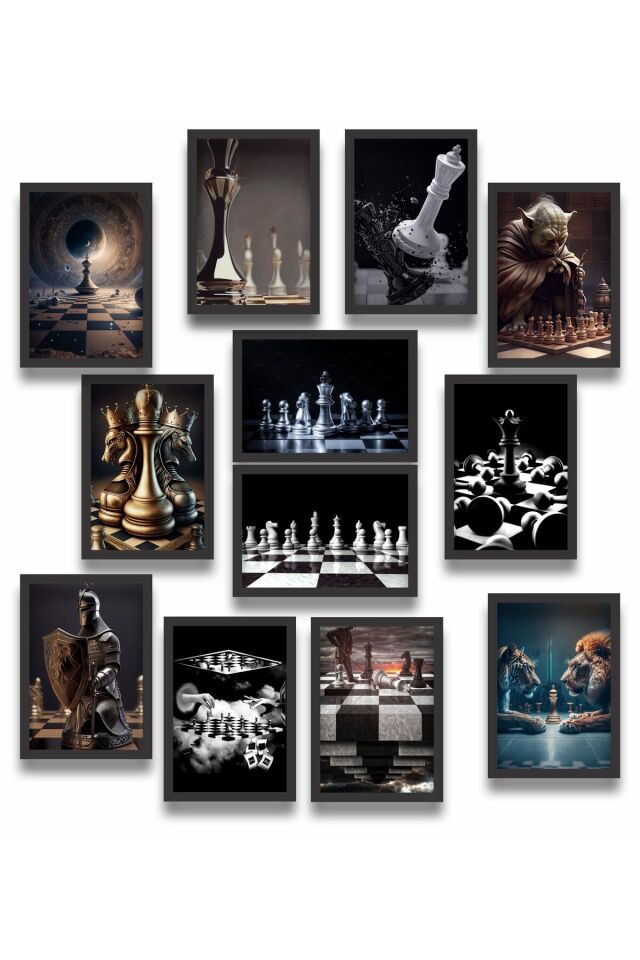 12 parça Satranç Çerçeve Görünümlü Mdf tablo Duvar Süsü Hediyelik Eşya Akıl Oyunları