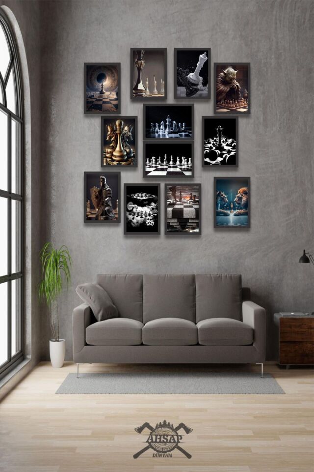 12 parça Satranç Çerçeve Görünümlü Mdf tablo Duvar Süsü Hediyelik Eşya Akıl Oyunları
