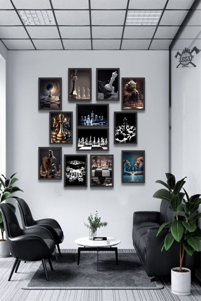 12 parça Satranç Çerçeve Görünümlü Mdf tablo Duvar Süsü Hediyelik Eşya Akıl Oyunları