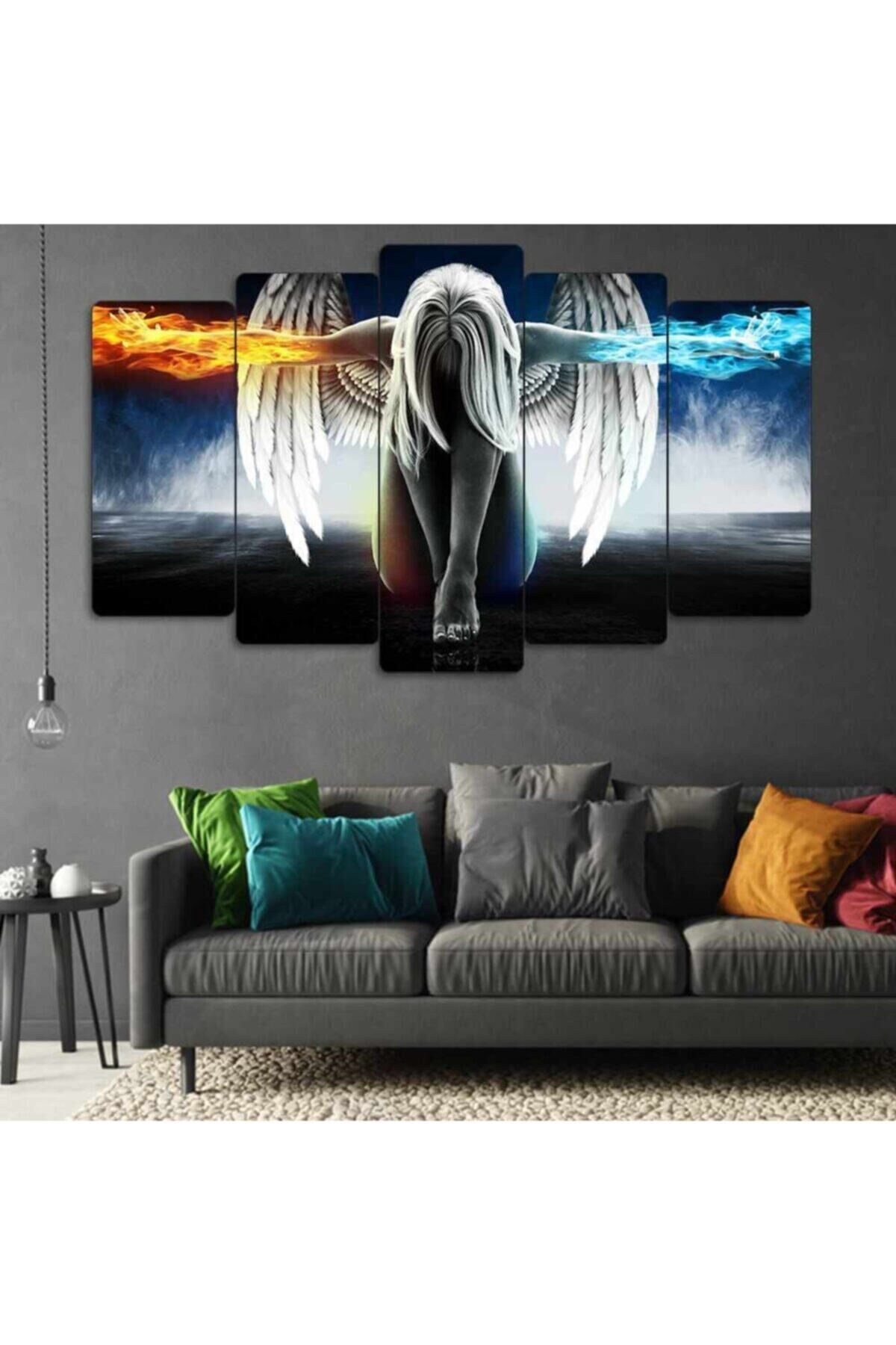 Mavi Sarı Melek Kadın Kanat - 5 Parçalı Tablo
