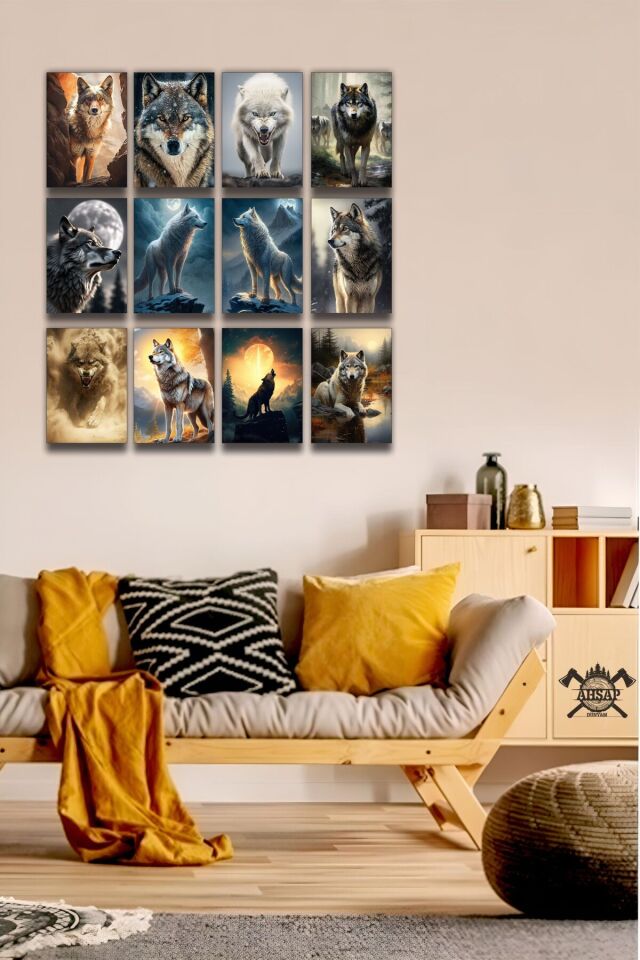 12 parça Ulu Kurt Çerçeve Görünümlü Mdf tablo Duvar Süsü Hediyelik Eşya Kurt